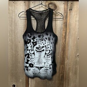 Express Animal Graphic Sequin & Lace Racerback Tank Top in Black Size Small